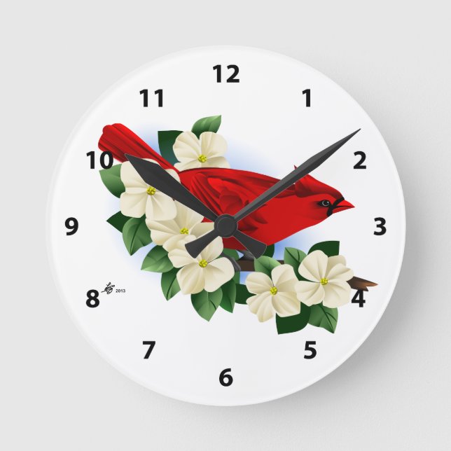 Red Northern Cardinal Round Clock (Front)