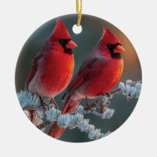 Red Northern Cardinals Perched on a Frosted Branch Ceramic Tree Decoration
