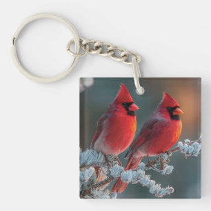 Red Northern Cardinals Perched on a Frosted Branch Key Ring
