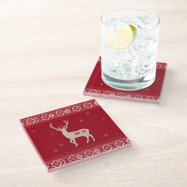 Red Norwegian Knit with Deer, Glass Coaster (Angled)