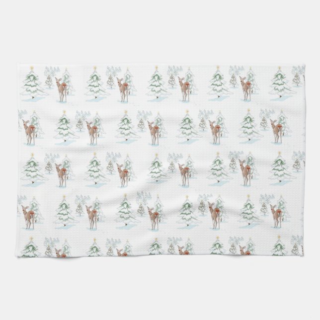 Red Nose Deer in Snowy Forest of Christmas Trees Tea Towel (Horizontal)