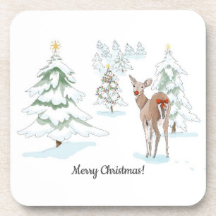 Red Nose Deer in the Snowy Wood Holiday Coaster