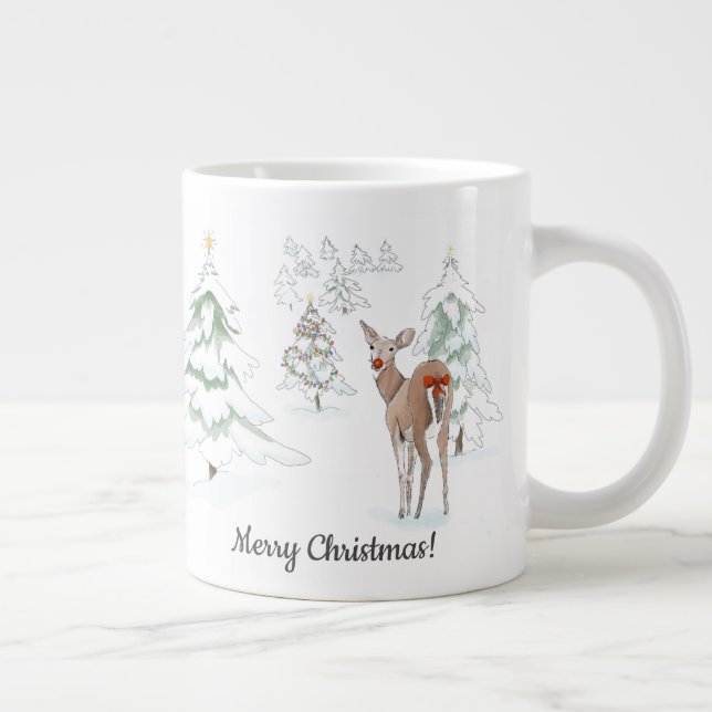 Red Nose Deer in the Snowy Wood Holiday Large Coffee Mug (Right)