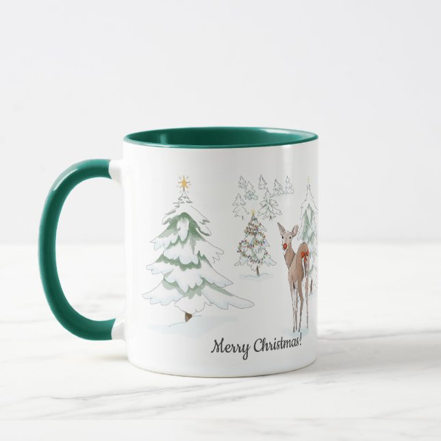 Red Nose Deer in the Snowy Wood Holiday Mug (Left)