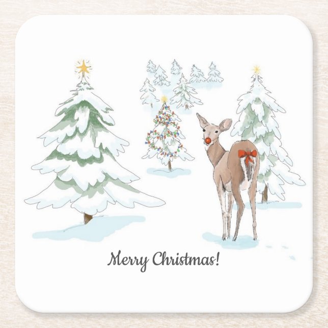 Red Nose Deer in the Snowy Wood Holiday Square Paper Coaster (Front)