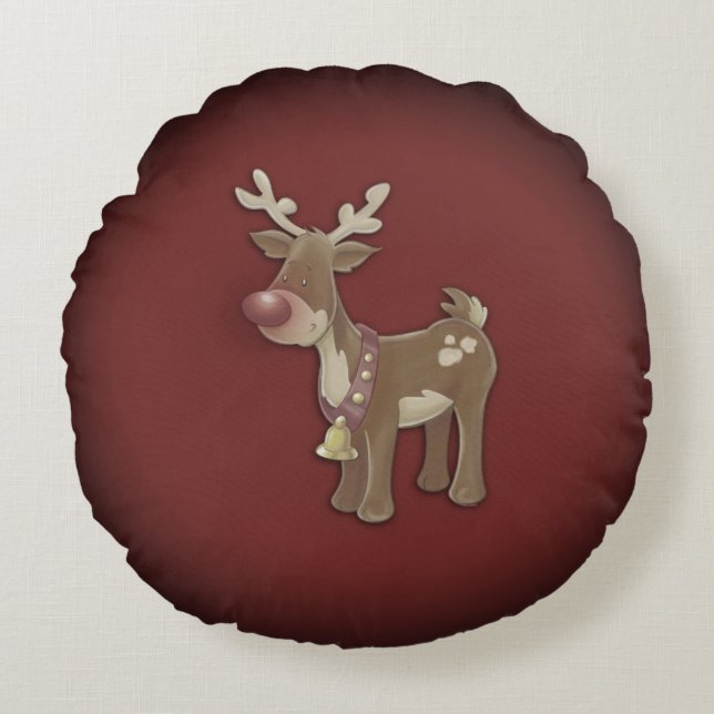Red Nose Reindeer Christmas Round Cushion (Front)