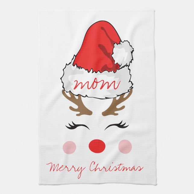 Red Nose Reindeer Santa's Hat Merry Christmas Mum  Tea Towel (Vertical)
