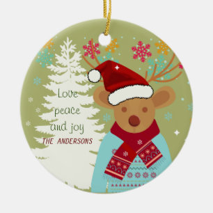 Red Nose Reindeer Snowflake Family Name Christmas Ceramic Tree Decoration