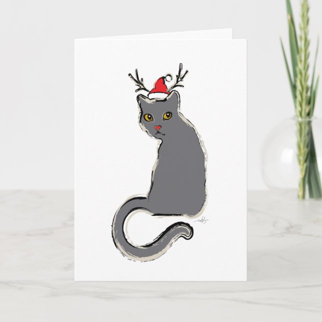 Red-Nosed Christmas Santa Cat Holiday Card (Front)
