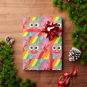 Red Nosed Reindeer Christmas Rainbow Wrapping Paper