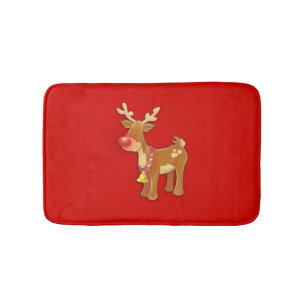Red Nosed Reindeer Red Bath Mat