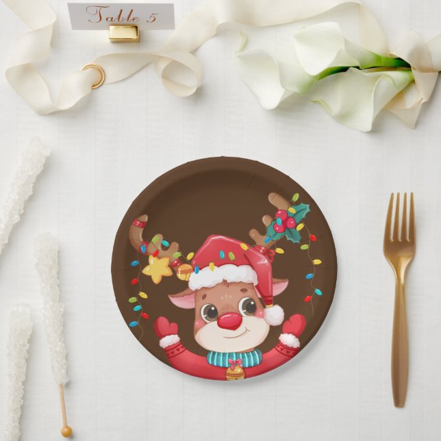 Red Nosed Reindeer Rudolph Christmas Paper Plate (Wedding)