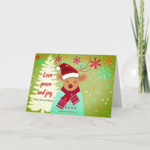 Red Nosed Reindeer & Tree Winter Vintage Christmas Card