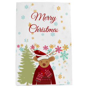 Red Nosed Reindeer Vintage Merry Christmas Medium Gift Bag