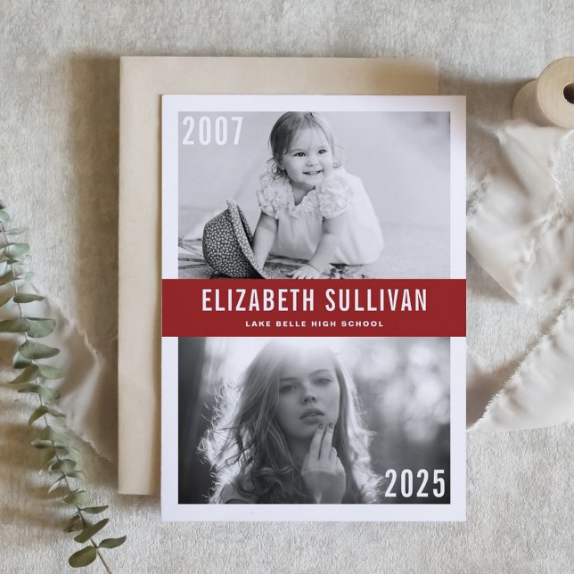 Red Now and Then Photo Collage Graduation Invitation (Customizable 'Then and Now' Photo Graduation Invitation with red background – Personalized Invite)