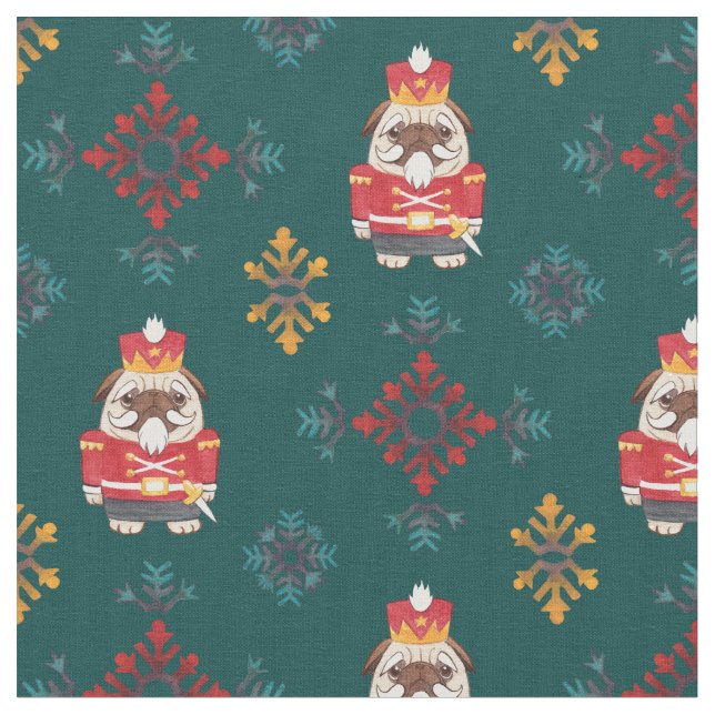 Red Nutcracker Pug on green fabric (Close Up)
