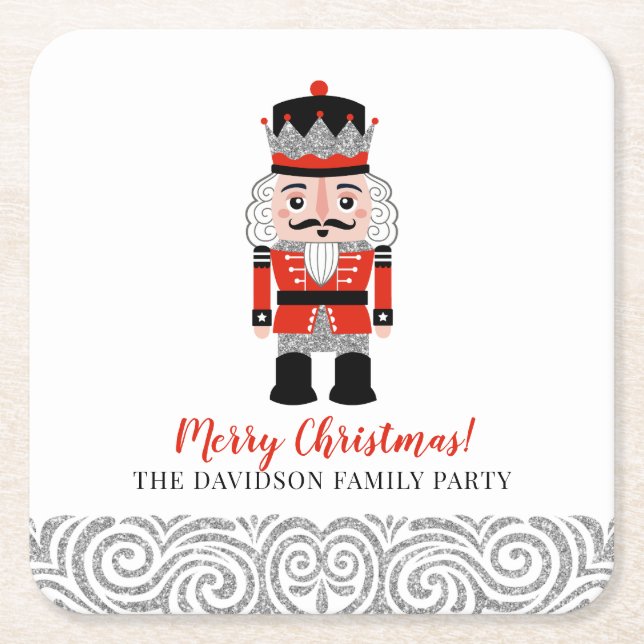 Red Nutcracker Soldier Christmas Holiday Party  Square Paper Coaster (Front)