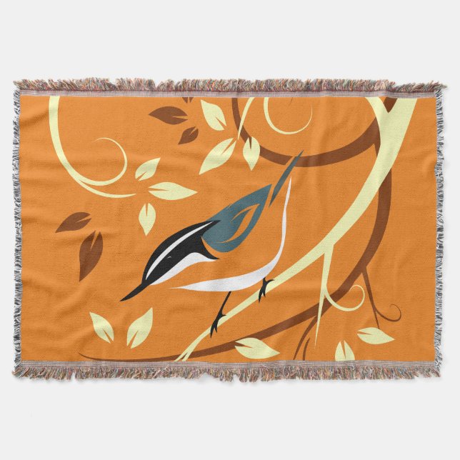 Red Nuthatch On Stylised Tree Branch Throw Blanket (Front)