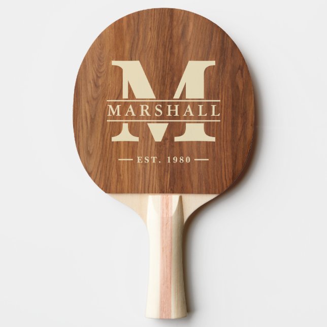 Red Oak Wood Monogram & Name Overlay Ping Pong Paddle (Back)