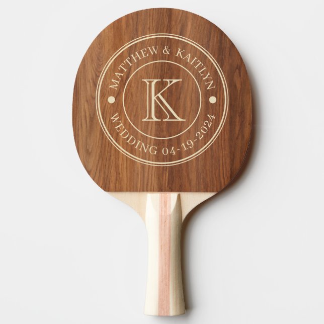 Red Oak Wood Wedding Monogram Ping Pong Paddle (Back)