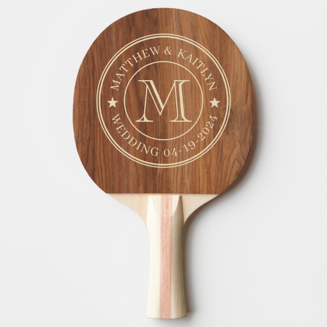 Red Oak Wood Wedding Monogram Star Ping Pong Paddle (Front)