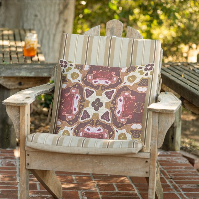 Red Ochre Mustard Yellow Taupe Brown Tribal Art Cushion (Chair)