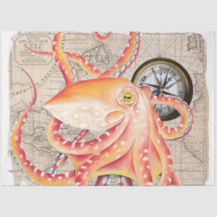 Red Octopus Compass Beige Vintage Map Nautical  Tissue Paper