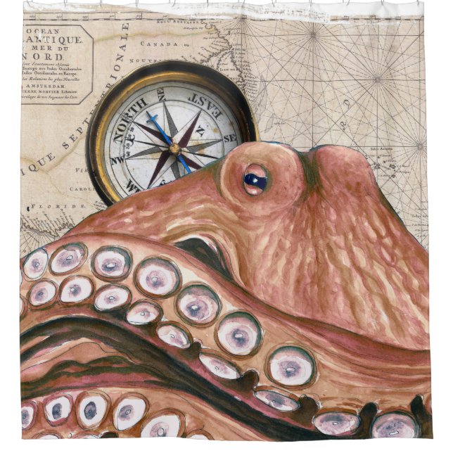 Red Octopus Compass Vintage Map beige Shower Curtain (Front)