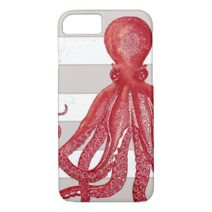 Red Octopus Grey Stripe Beach Nautical Vintage Art iPhone 8/7 Case