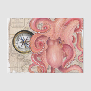 Red Octopus Kraken Vintage Map Compass Nautical Tissue Paper
