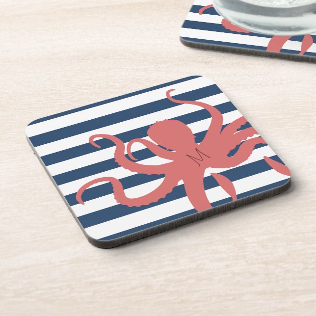 Red octopus modern beach white navy blue striped coaster (Left Side)
