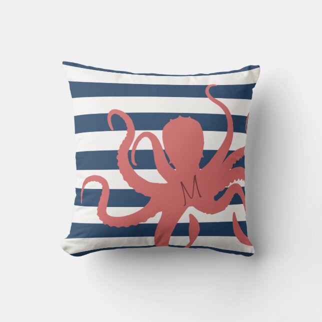 Red octopus modern beach white navy blue striped cushion (Front)