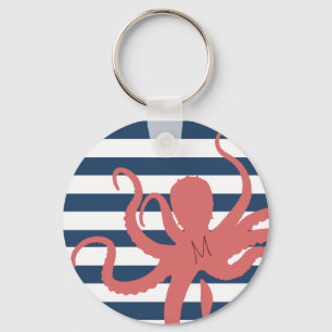 Red octopus modern beach white navy blue striped key ring