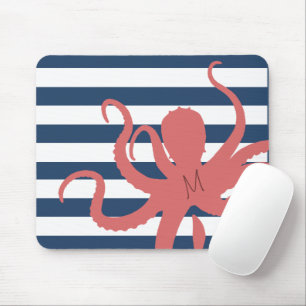 Red octopus modern beach white navy blue striped mouse mat