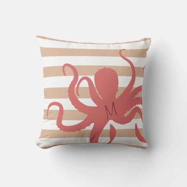 Red octopus modern beach white sand striped cushion (Front)