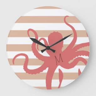 Red octopus modern beach white sand striped large clock