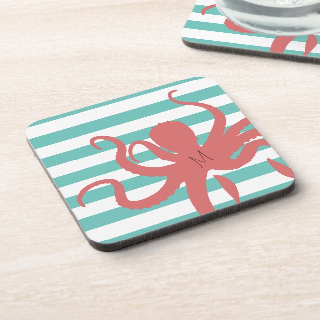 Red octopus modern beach white teal striped coaster (Left Side)