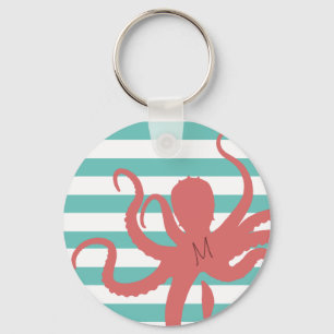 Red octopus modern beach white teal striped key ring