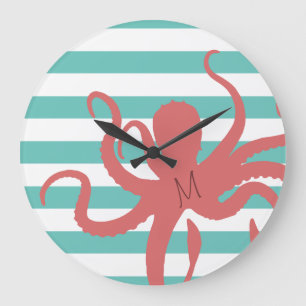 Red octopus modern beach white teal striped large clock