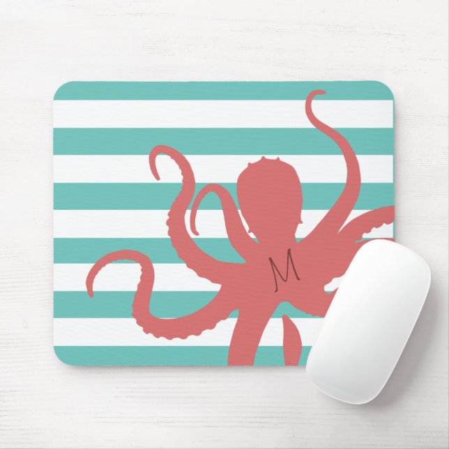 Red octopus modern beach white teal striped mouse mat (With Mouse)