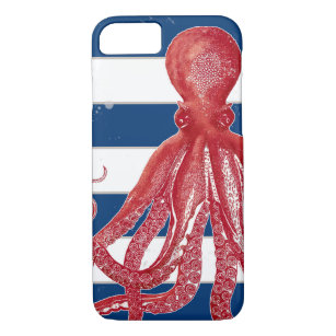 Red Octopus Navy Striped Beach Nautical Vintage Case-Mate iPhone Case