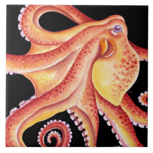 Red Octopus on Black Watercolor Art Tile