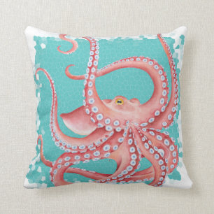 Red Octopus Teal stained glass Cushion