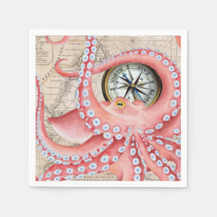 Red Octopus Vintage Map Compass Napkin
