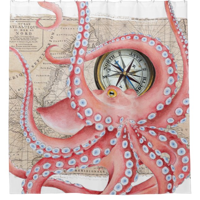 Red Octopus Vintage Map Compass Shower Curtain (Front)