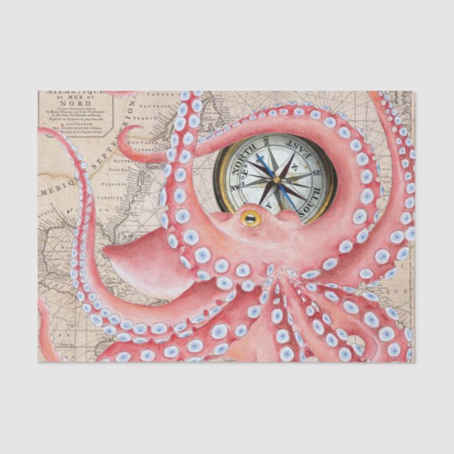 Red Octopus Vintage Map Compass Tissue Paper (Front)