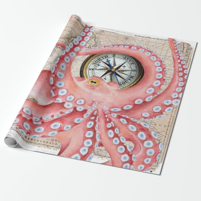 Red Octopus Vintage Map Compass Wrapping Paper (Unrolled)