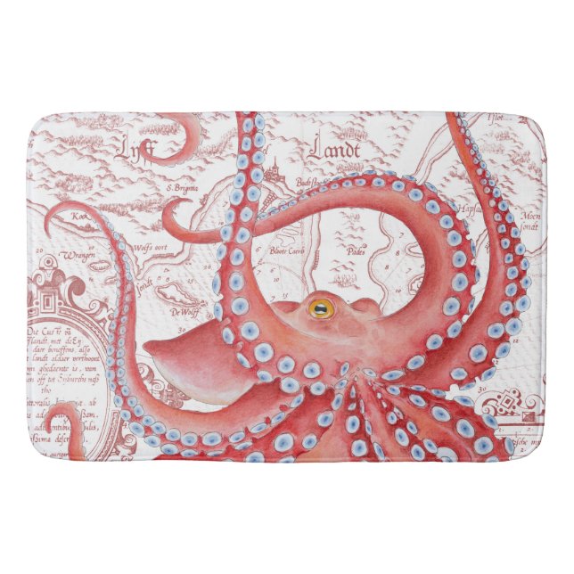 Red Octopus Vintage Map White Bath Mat (Front)