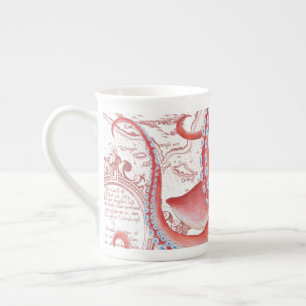 Red Octopus Vintage Map White Bone China Mug