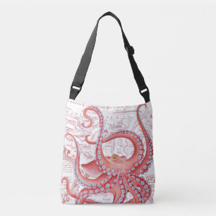 Red Octopus Vintage Map White Crossbody Bag